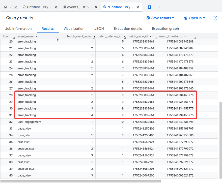 BQ batch event dimensions